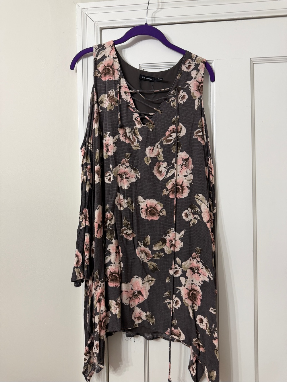 Blu Pepper Cold-Shoulder Lace-Up Floral Dress - Pink on Charcoal